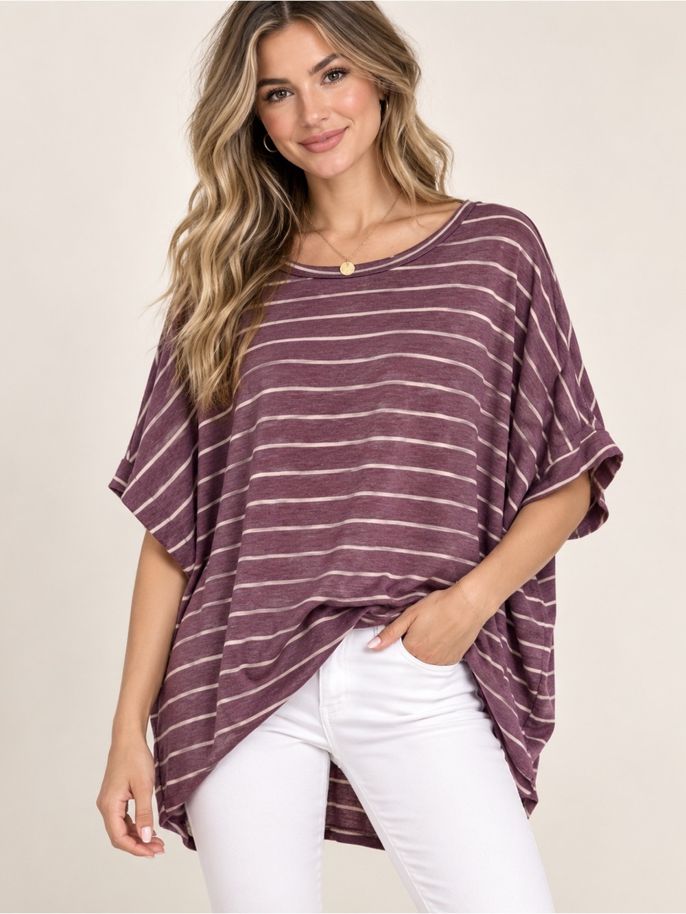 ANDREE BY UNIT Striped Oversized High-Low Dolman Sleeve Tunic Tee - Small